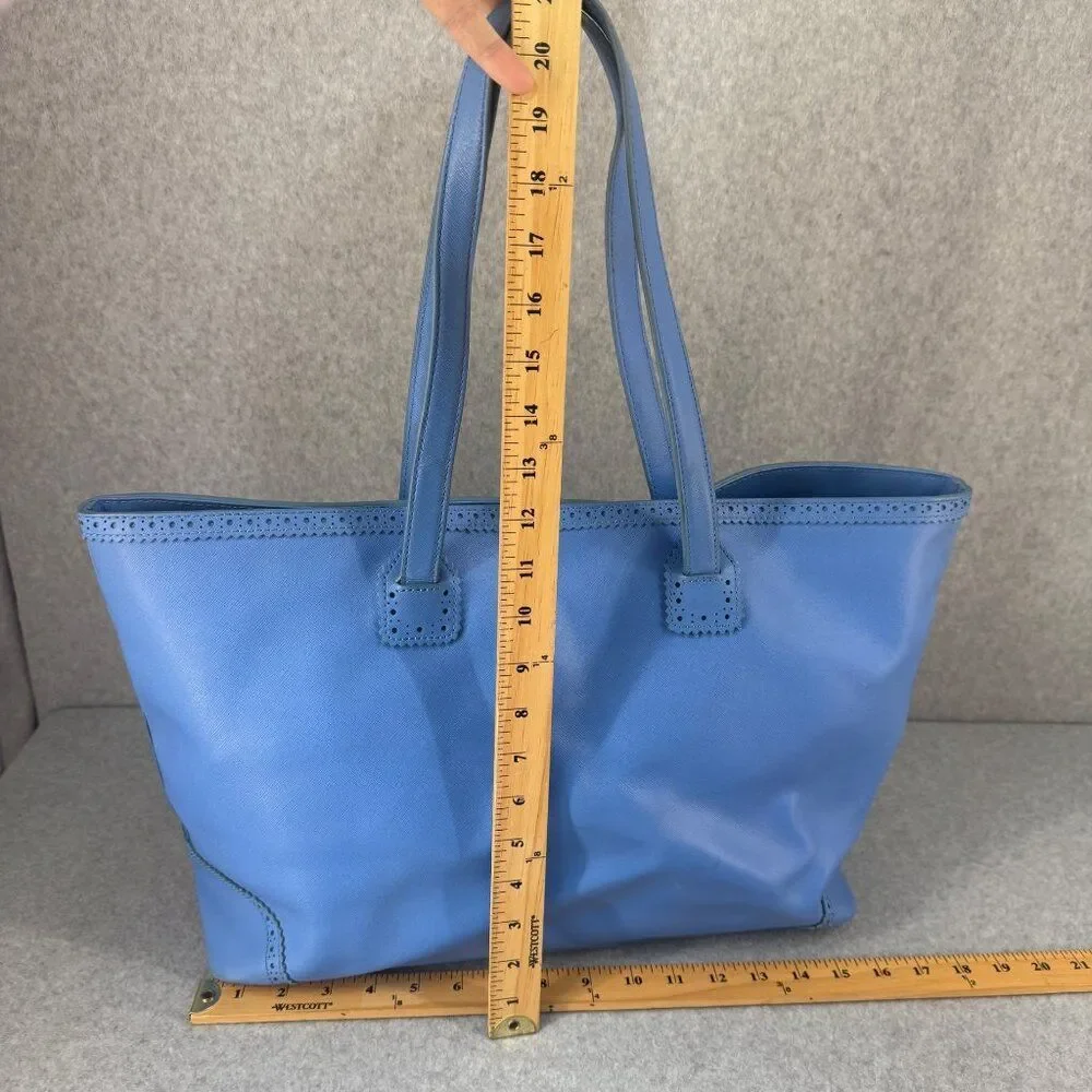 Tory Burch Blue Leather‎ Tote Bag Perforated Details Gold Logo  Shopper Tote